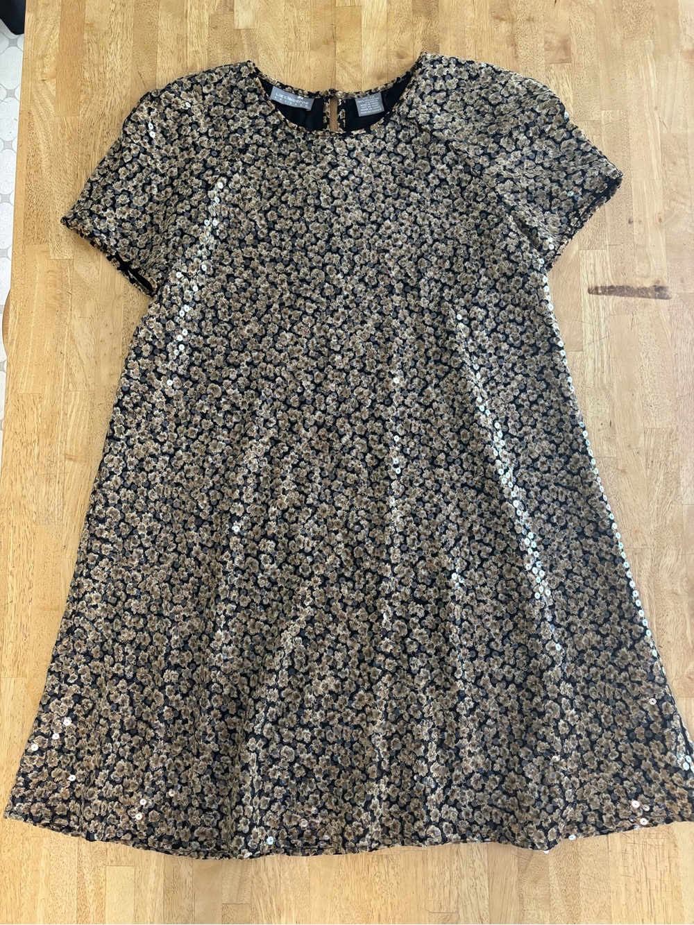Vintage/90’s Y2K Liz Claiborne Black Gold Sequin Floral A-Line Trapeze Dress